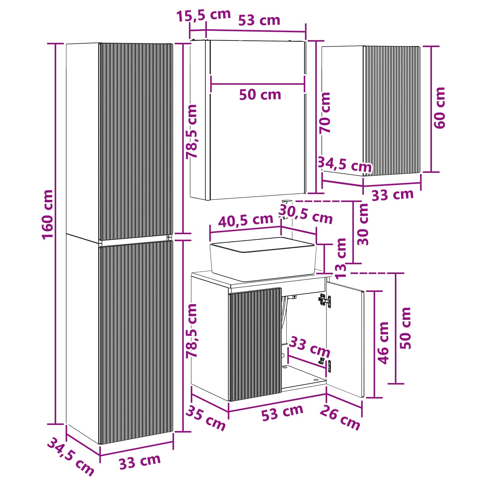 Set ormarića za kupaonicu 5 pcs Staro drvo 53 x 15,5 x 70 cm