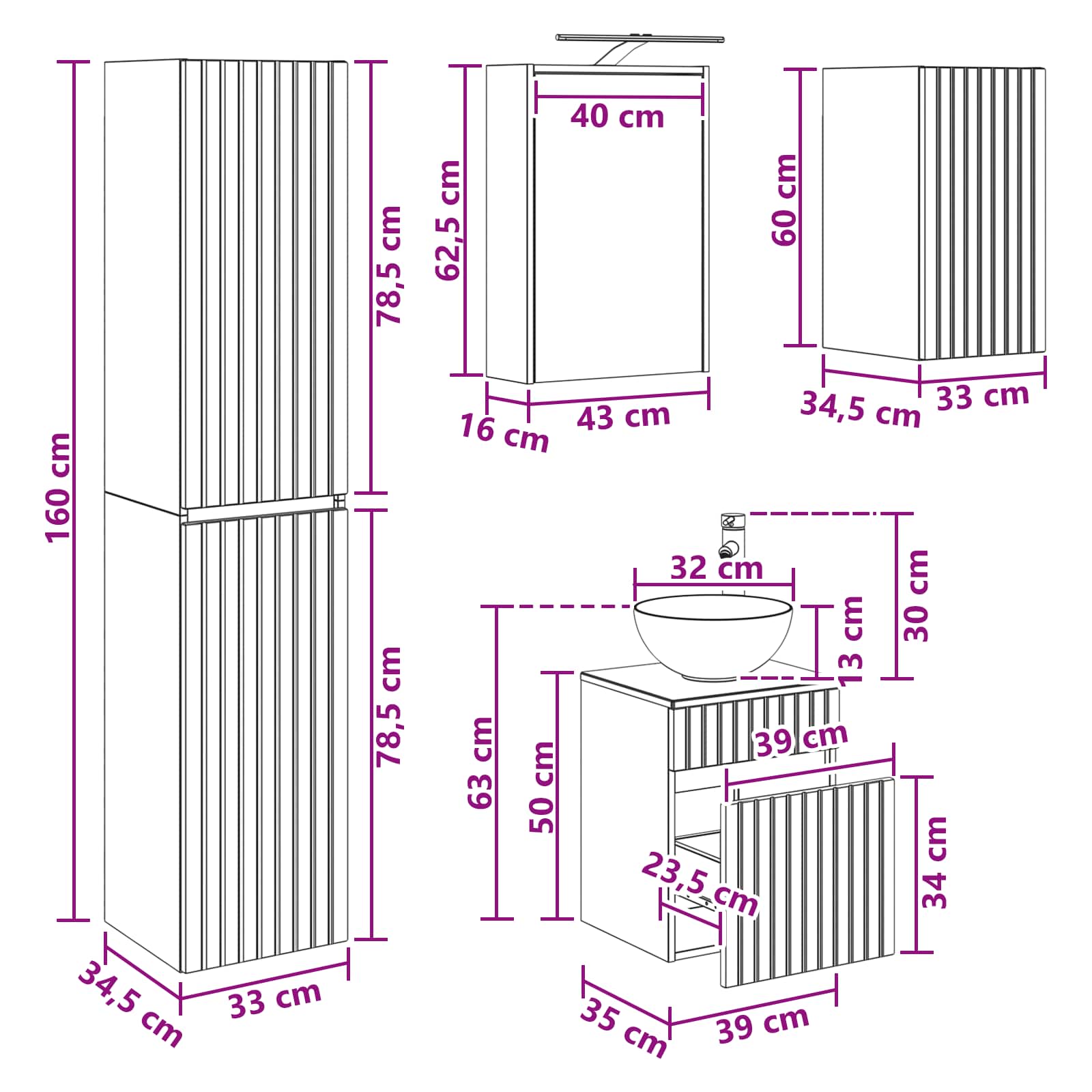 Set ormarića za kupaonicu 5 pcs Bijela 43 x 16 x 62,5 cm