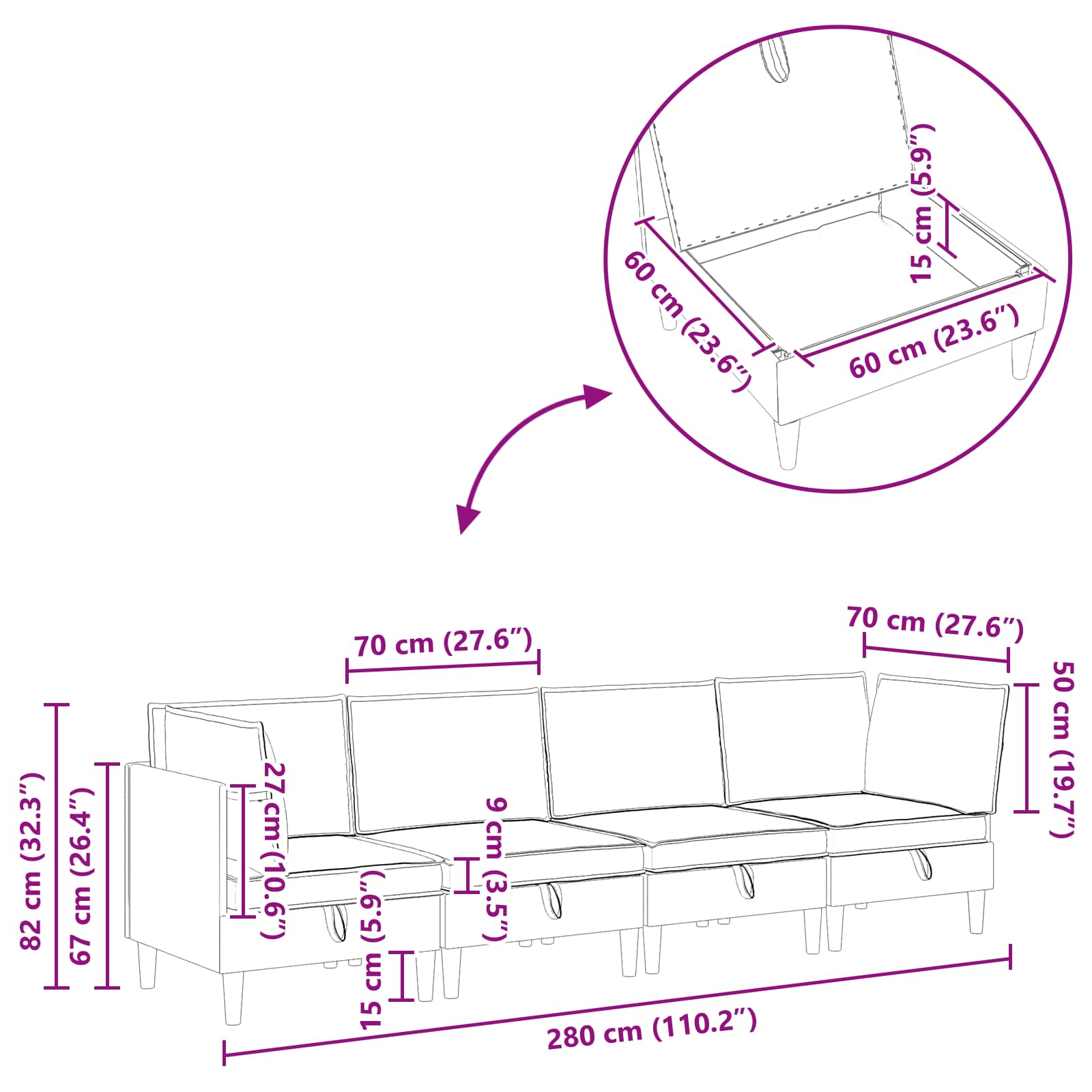 Modularni set sofe sa skladištem 4 pcs Tamnosiva Tkanina