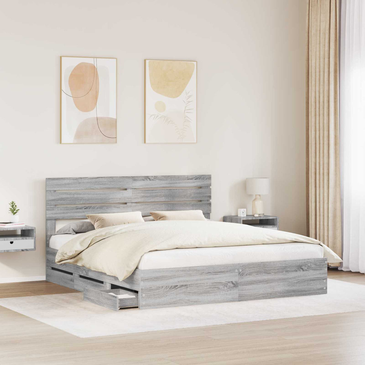 Krevetna konstrukcija Siva Sonoma 200 x 200 cm Inženjersko Drvo 206 x 203 x 100 cm