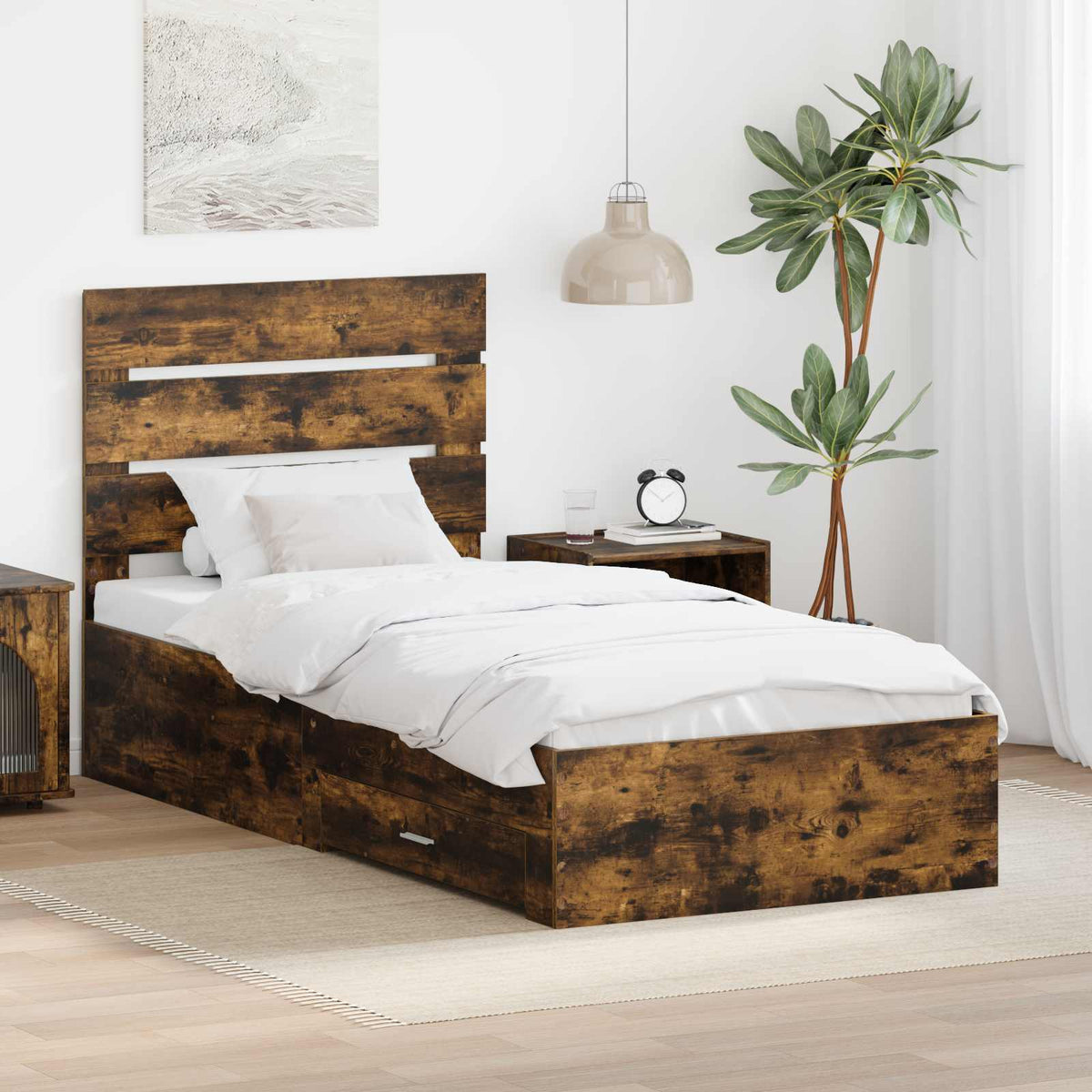 Krevetna konstrukcija s ladicama Dimljeni hrast 100 x 200 cm Smeđa 203 x 103 x 100 cm