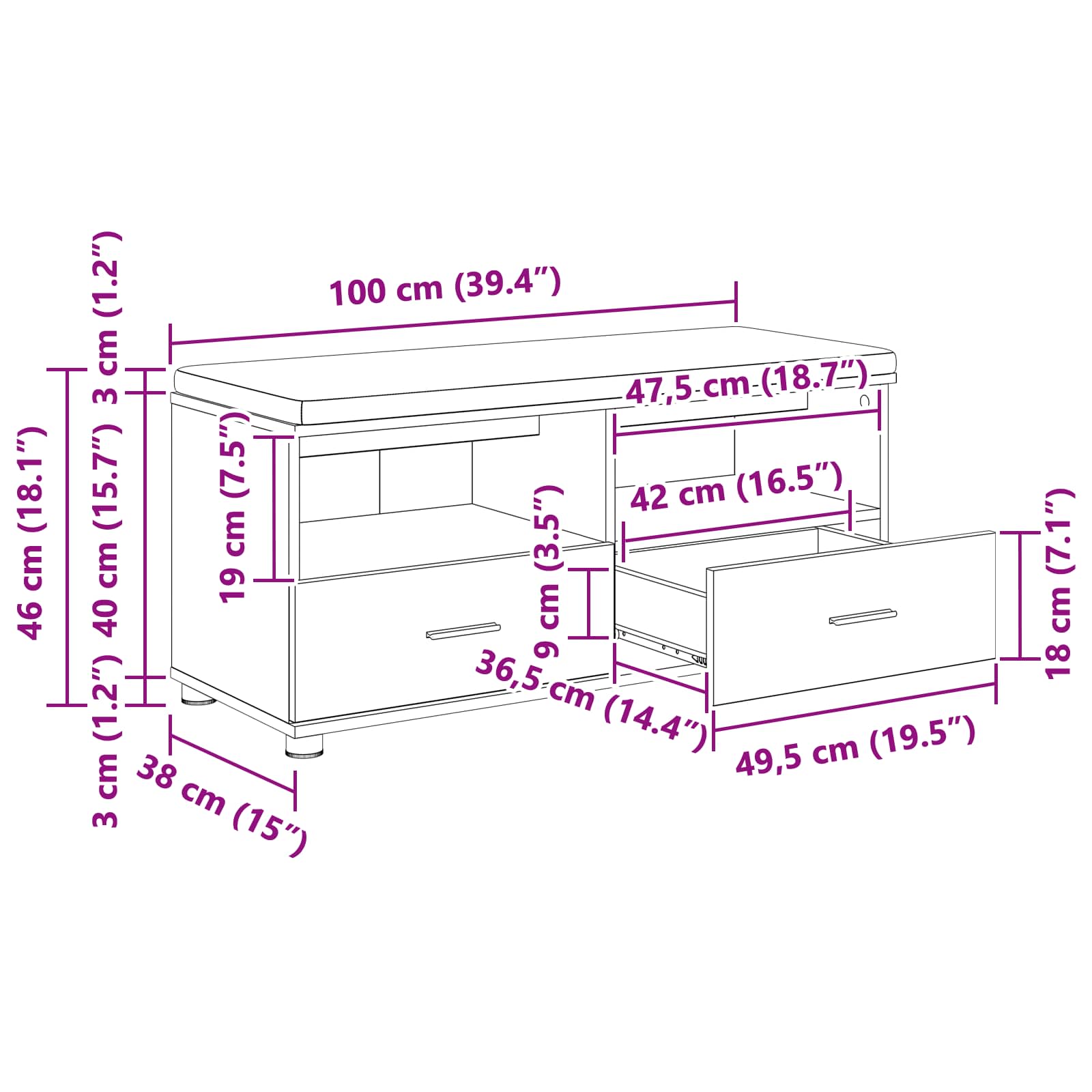 Klupa za hodnik s jastukom Sivi Sonoma 100 x 38 x 46 cm