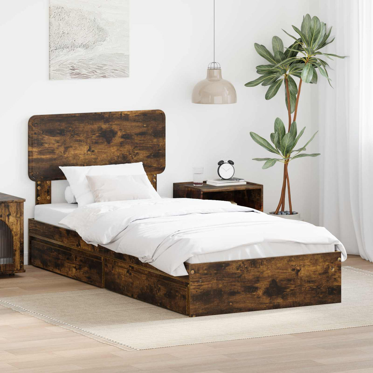 Krevet s od storage s ladicama Dimljeni hrast 90 x 200 cm Smeđa 203 x 93 x 90 cm