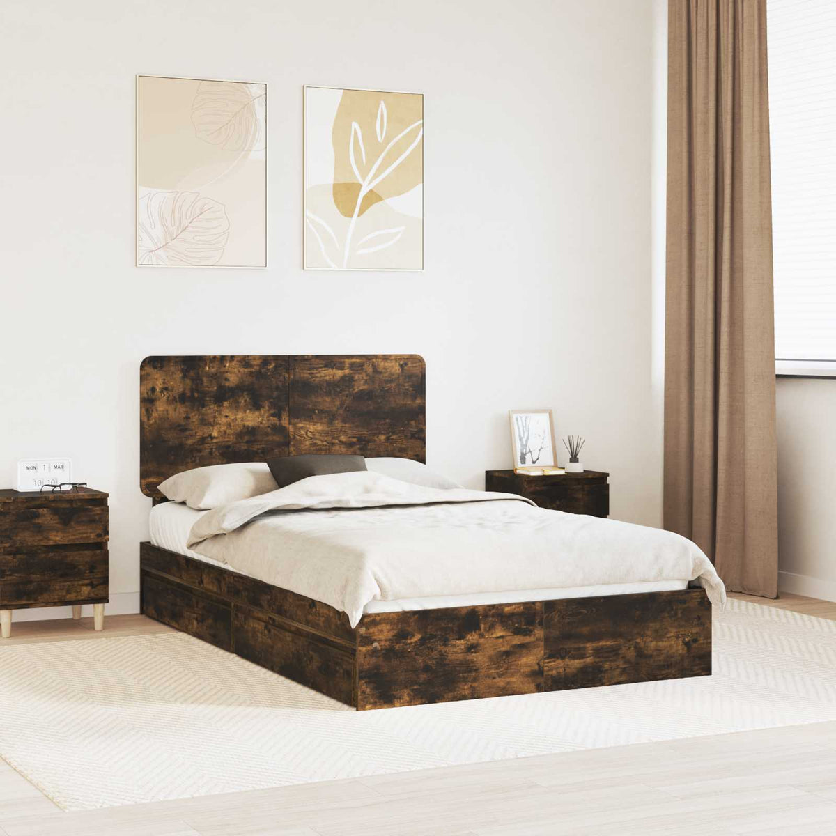 Krevet s od storage s ladicama Dimljeni hrast 135 x 190 cm Smeđa 196 x 138 x 100 cm