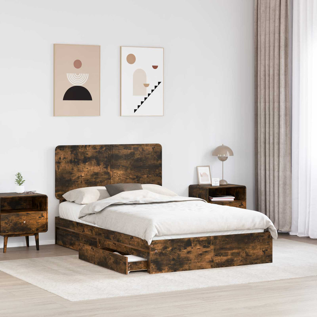 Krevet s od storage s ladicama Dimljeni hrast 135 x 190 cm Smeđa 196 x 138 x 100 cm