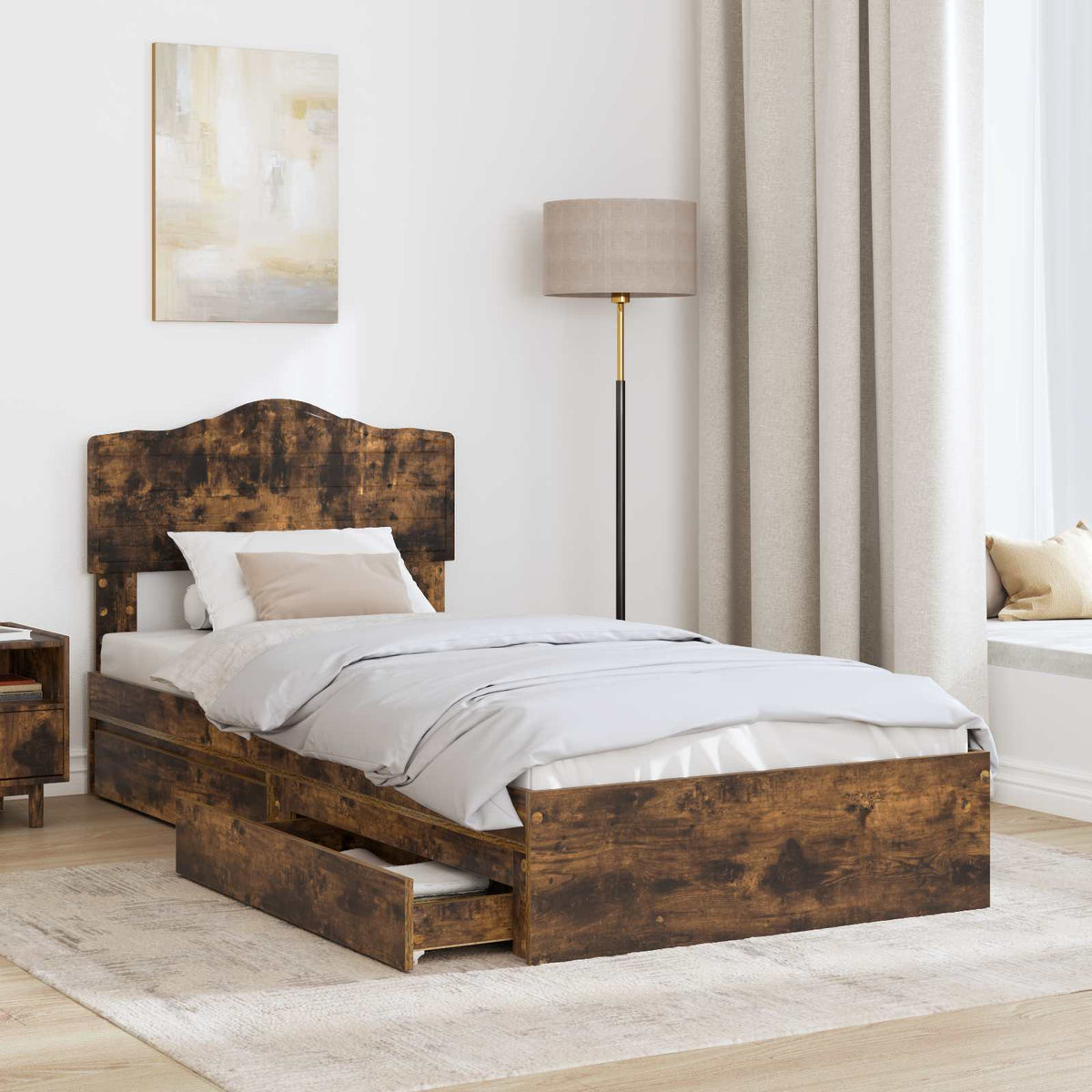 Krevet s od storage s ladicama Dimljeni hrast 100 x 200 cm Smeđa 206 x 102 x 90 cm
