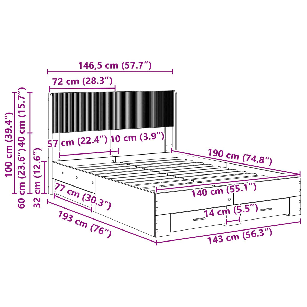 Krevetna konstrukcija s pohranom i uzglavljem Dimljeni hrast Smeđa 140 x 190 cm