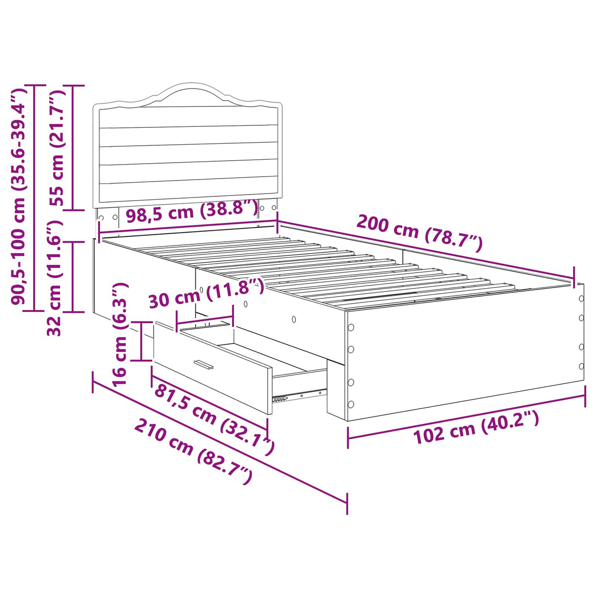 Krevetna konstrukcija s ladicama Sonoma hrast 100 x 200 cm Smeđa 203 x 103 x 100 cm
