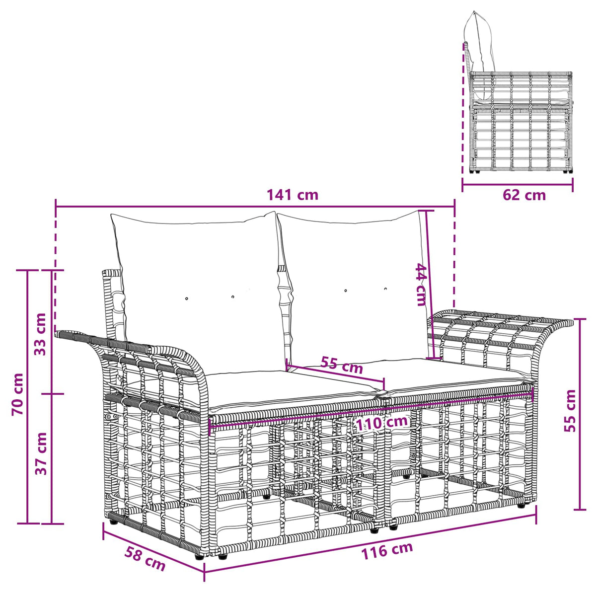 Vanjski loveseat 2 kom. 2-sjedalo Prirodna i krema bijela