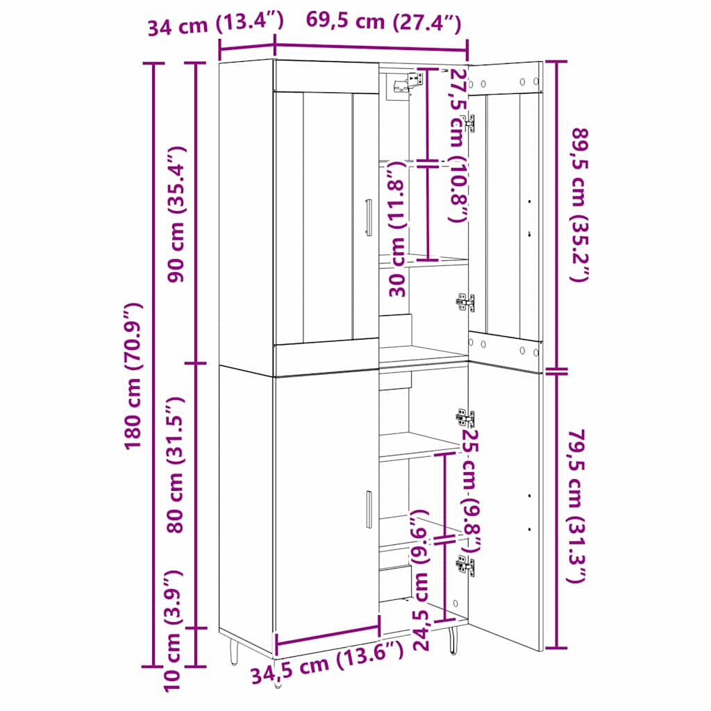 Highboard 2 pcs Crni hrast Konstruirano drvo