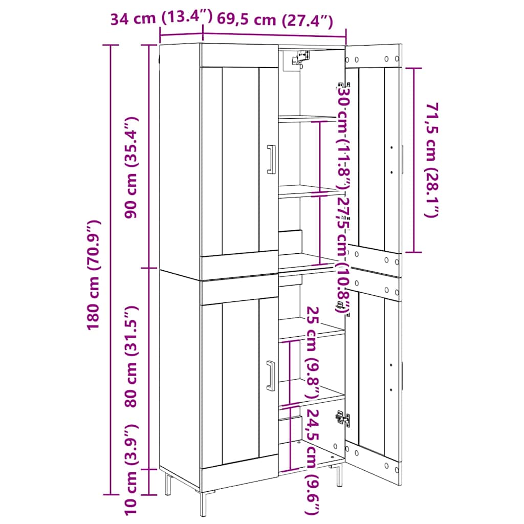 Highboard 2 pcs Crni hrast Konstruirano drvo