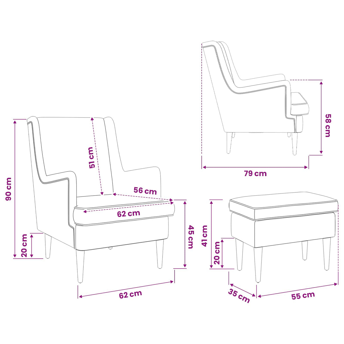 Fotelja s footstoolom 2 kom. Crna Bouclé 79 x 79 x 87,5 cm