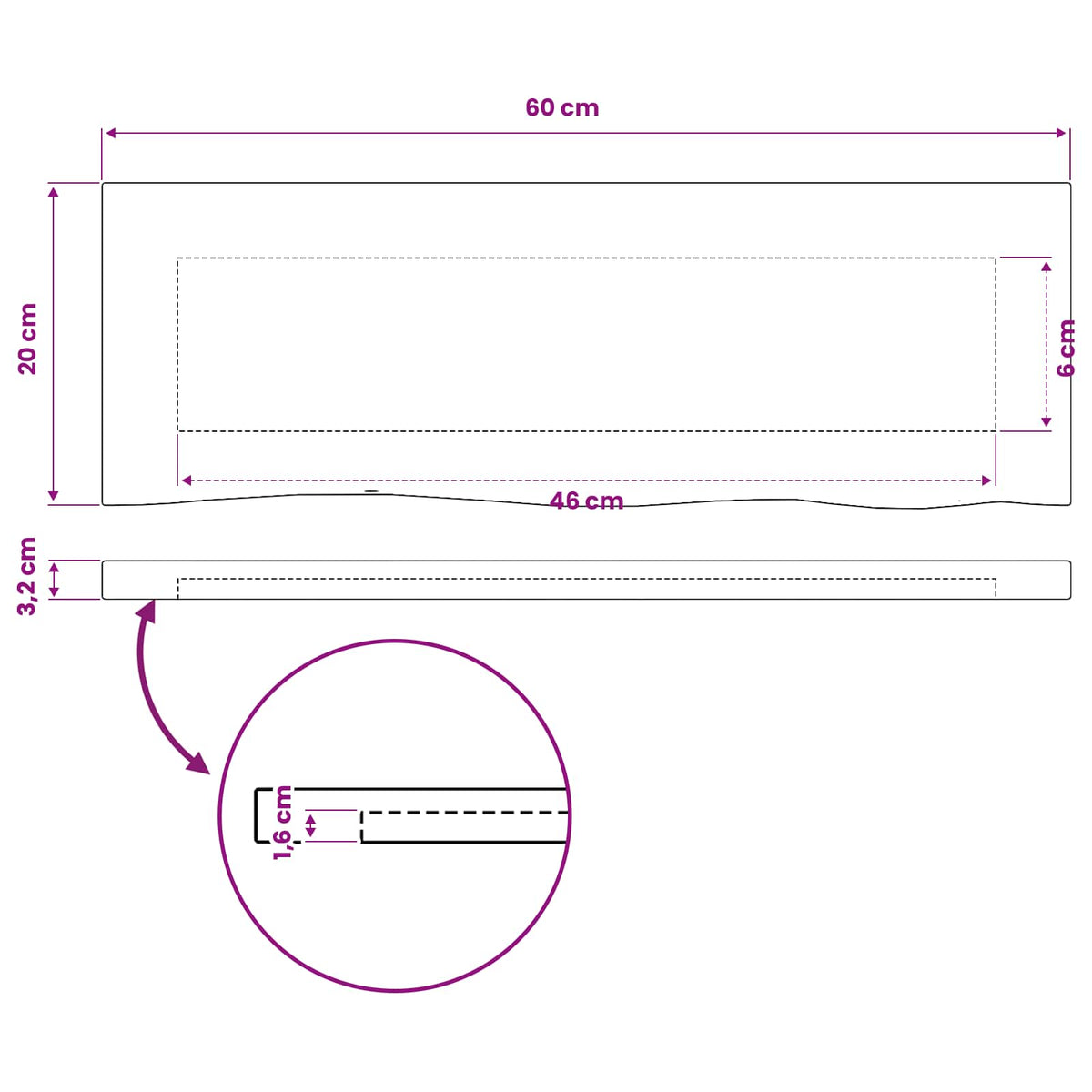 Pravokutni stolni vrh 60 x 20 x 3,2 cm Pravokutni