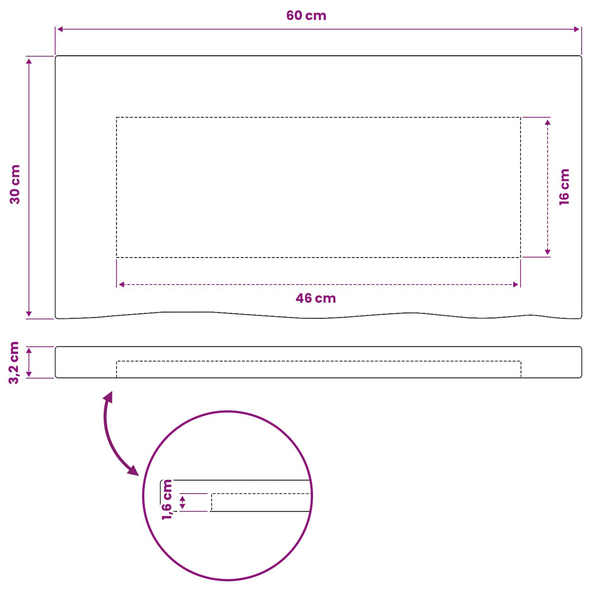 Pravokutni stolni vrh 60 x 30 x 3,2 cm Pravokutni