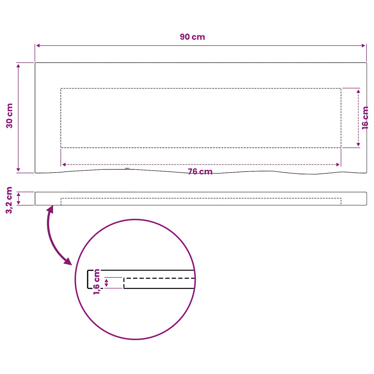 Pravokutni stolni vrh 90 x 30 x 3,2 cm Pravokutni