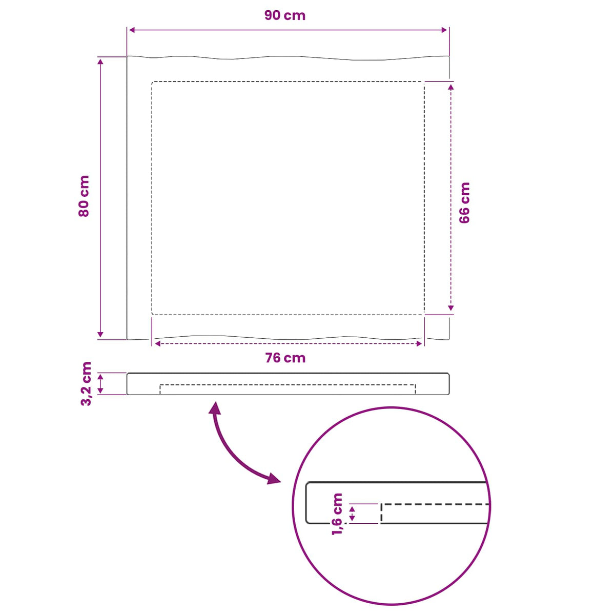 Pravokutni stolni vrh 90 x 80 x 3,2 cm Pravokutni