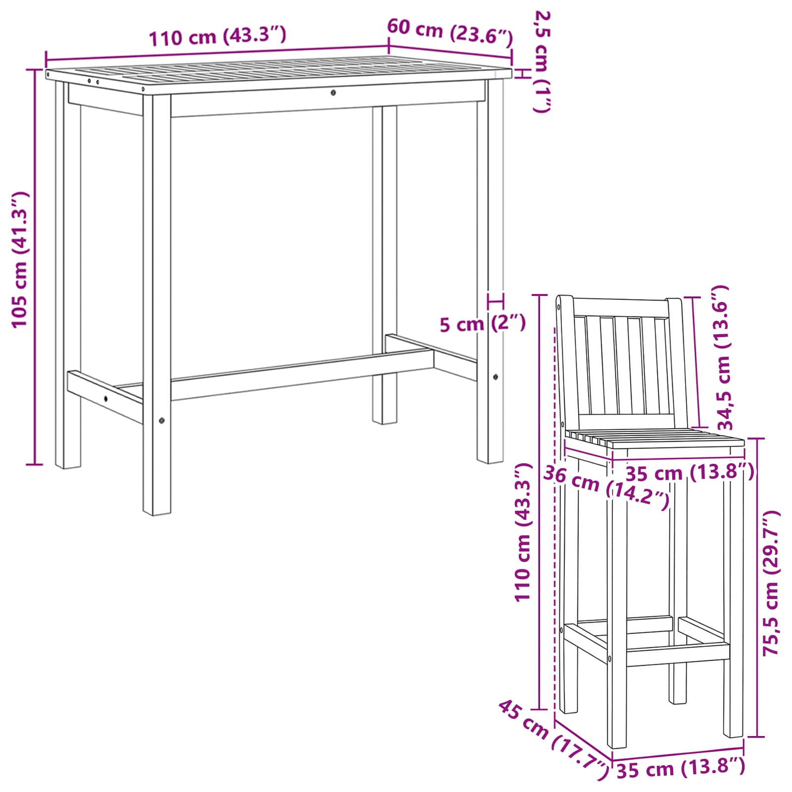 Vanjski bar set 5 pcs Neprerađeno Čvrsto teak drvo