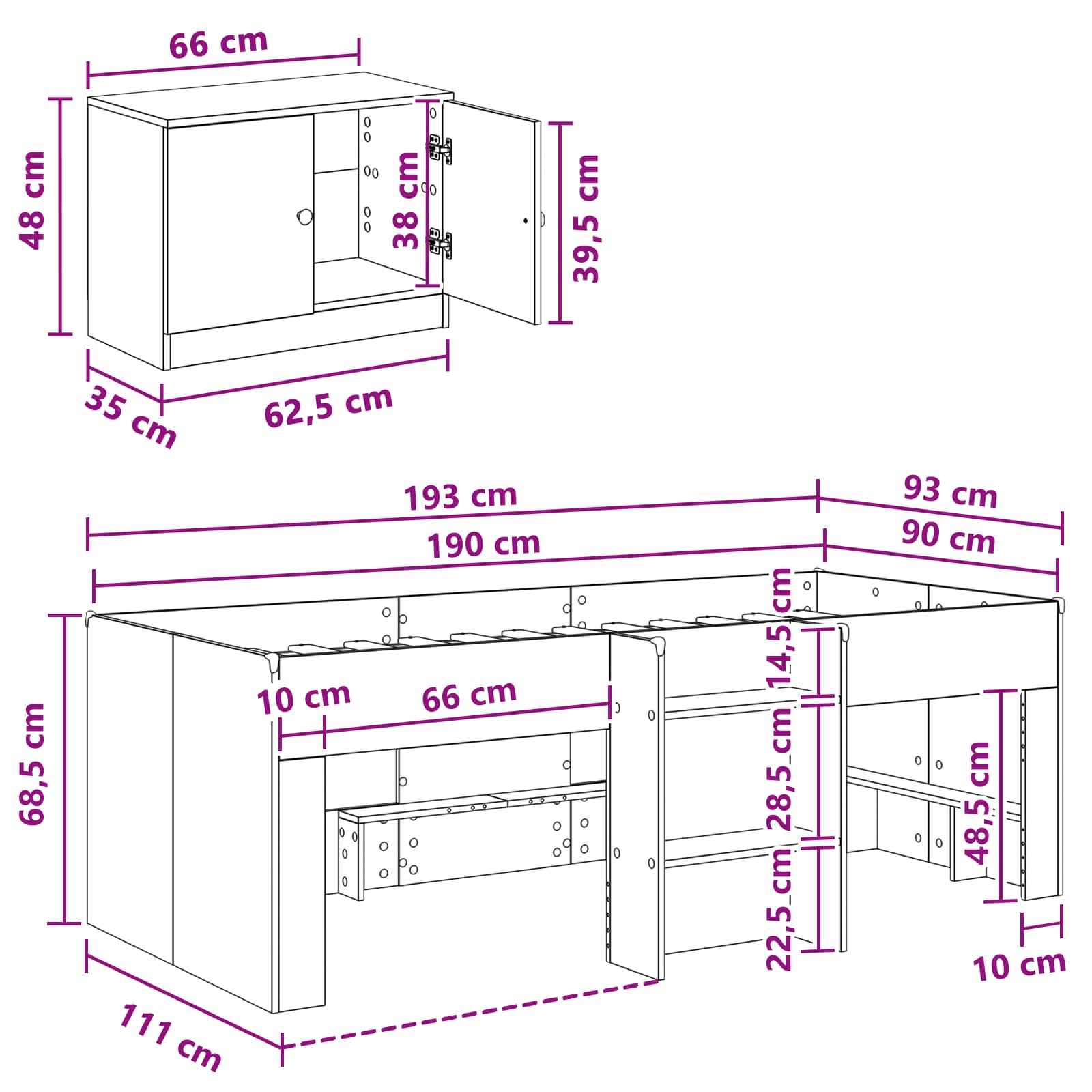 Loft krevet s ormarom s pohranom 3 pcs Bijela Konstruirano drvo