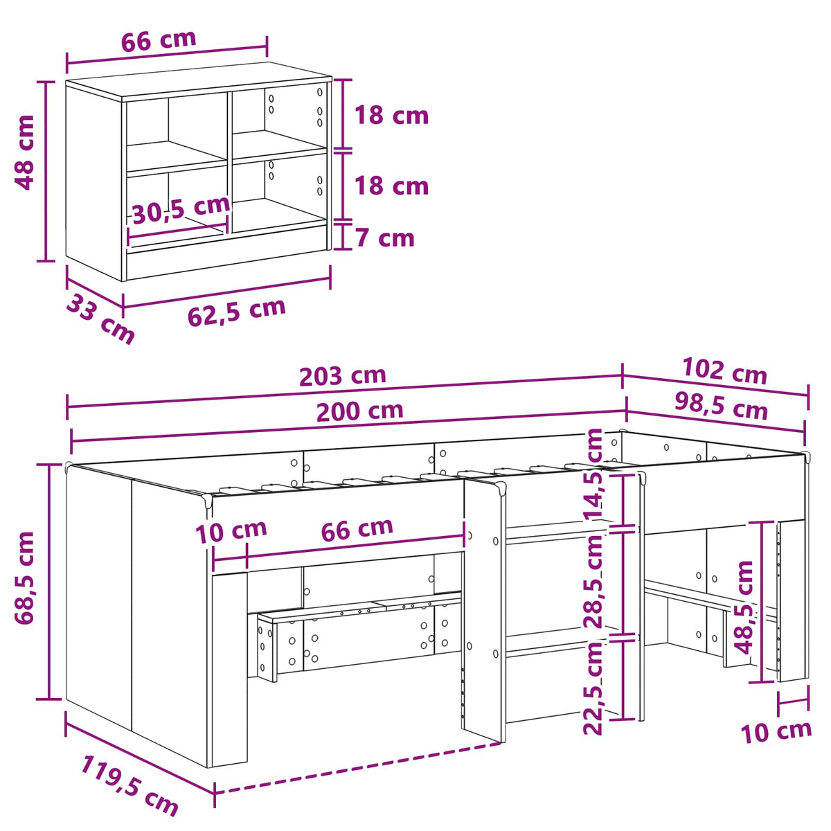 Loft krevet s ormarom s policom 3 kom. Bijela Konstruirano drvo 98.5 x 200 cm