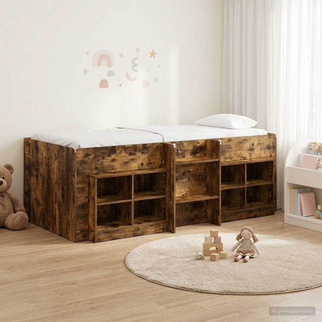 Loft krevet s ormarom 3 kom. Dimljeni hrast Konstruirano drvo Smeđa 98.5 x 200 cm