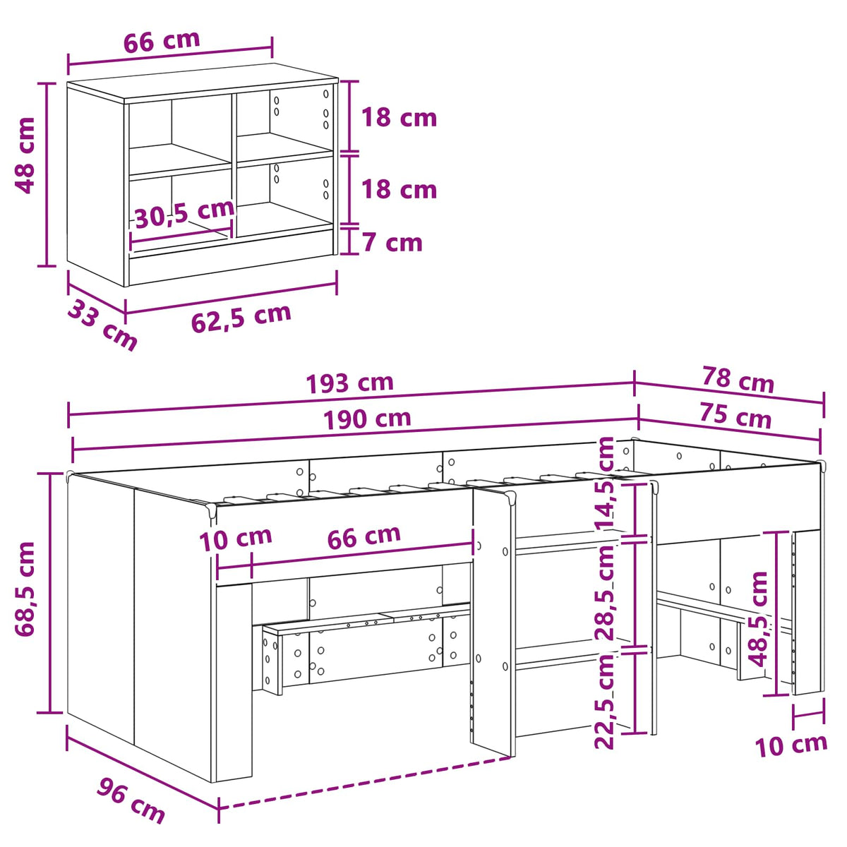 Loft krevet s ormarom s policom 3 kom. Bijela Konstruirano drvo 75 x 190 cm