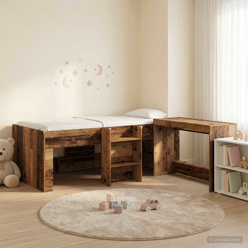 Krevet za djecu s visokim okvirom i stolom 2 kom. Staro drvo Smeđa 98.5 x 200 cm