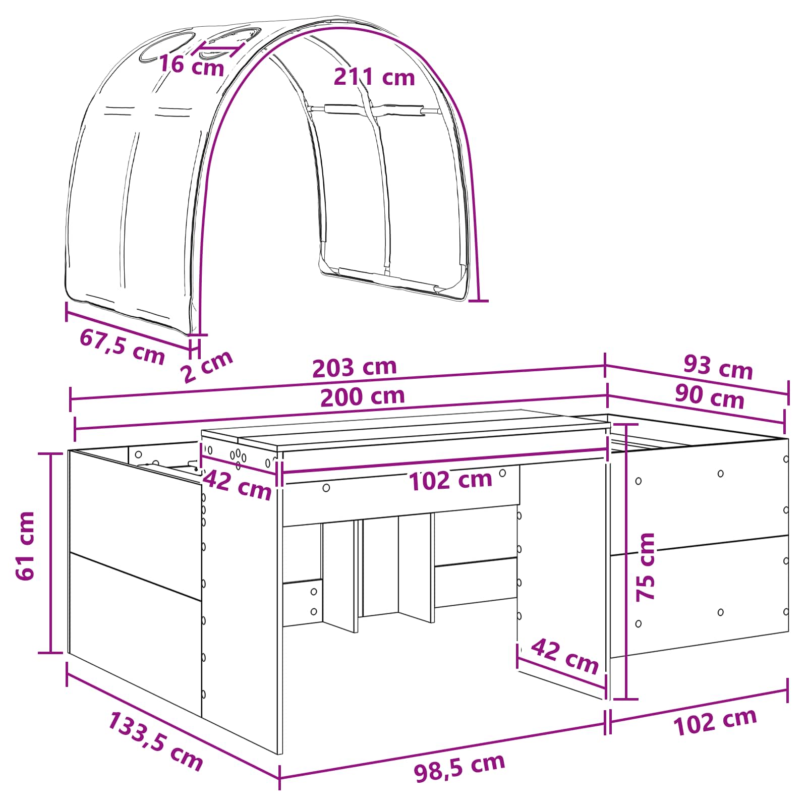 Krevet s tunelom 4 pcs Artisian hrast i crna Konstruirano drvo