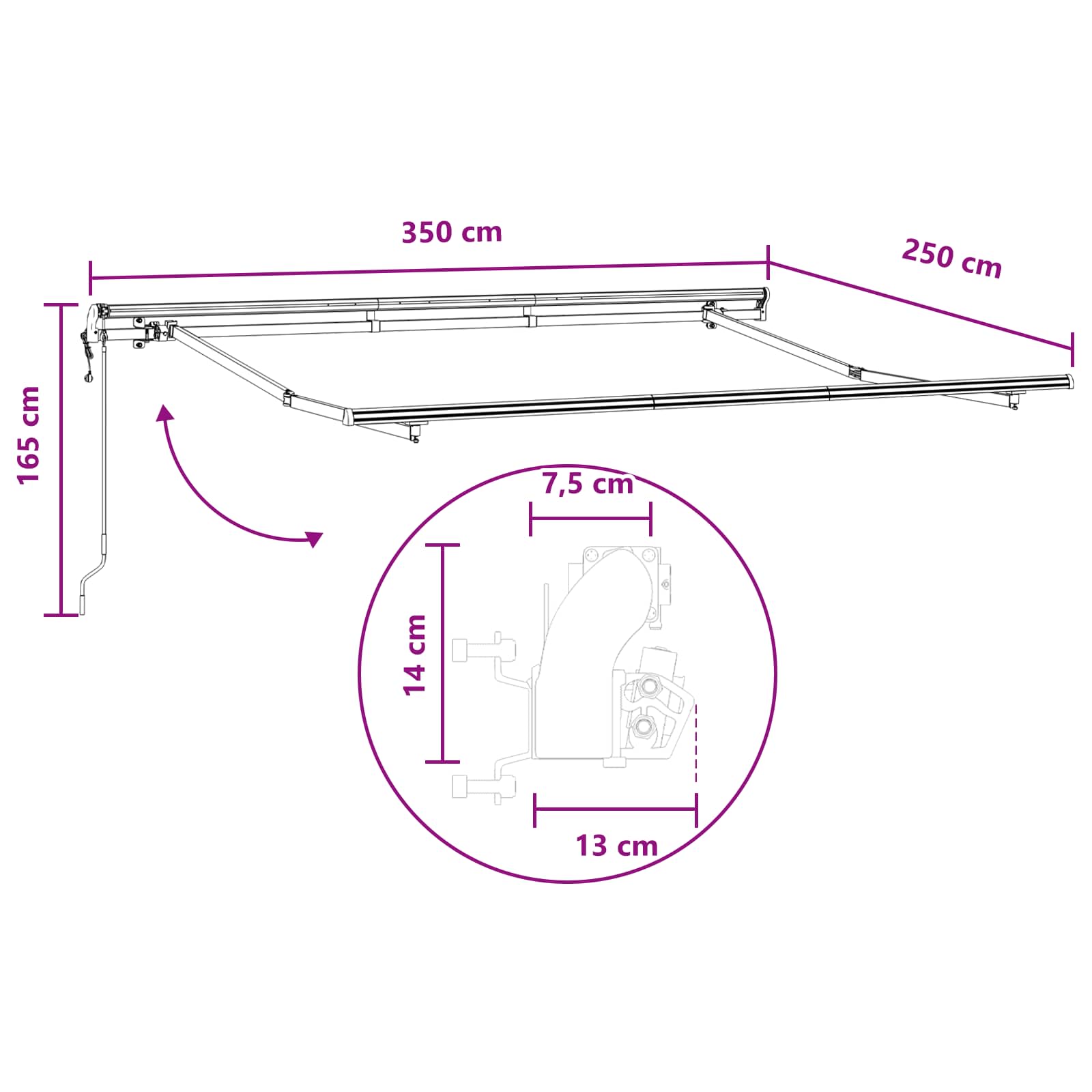 Povlačivi tende Svijetlo siva i bijela. 350 x 250 cm