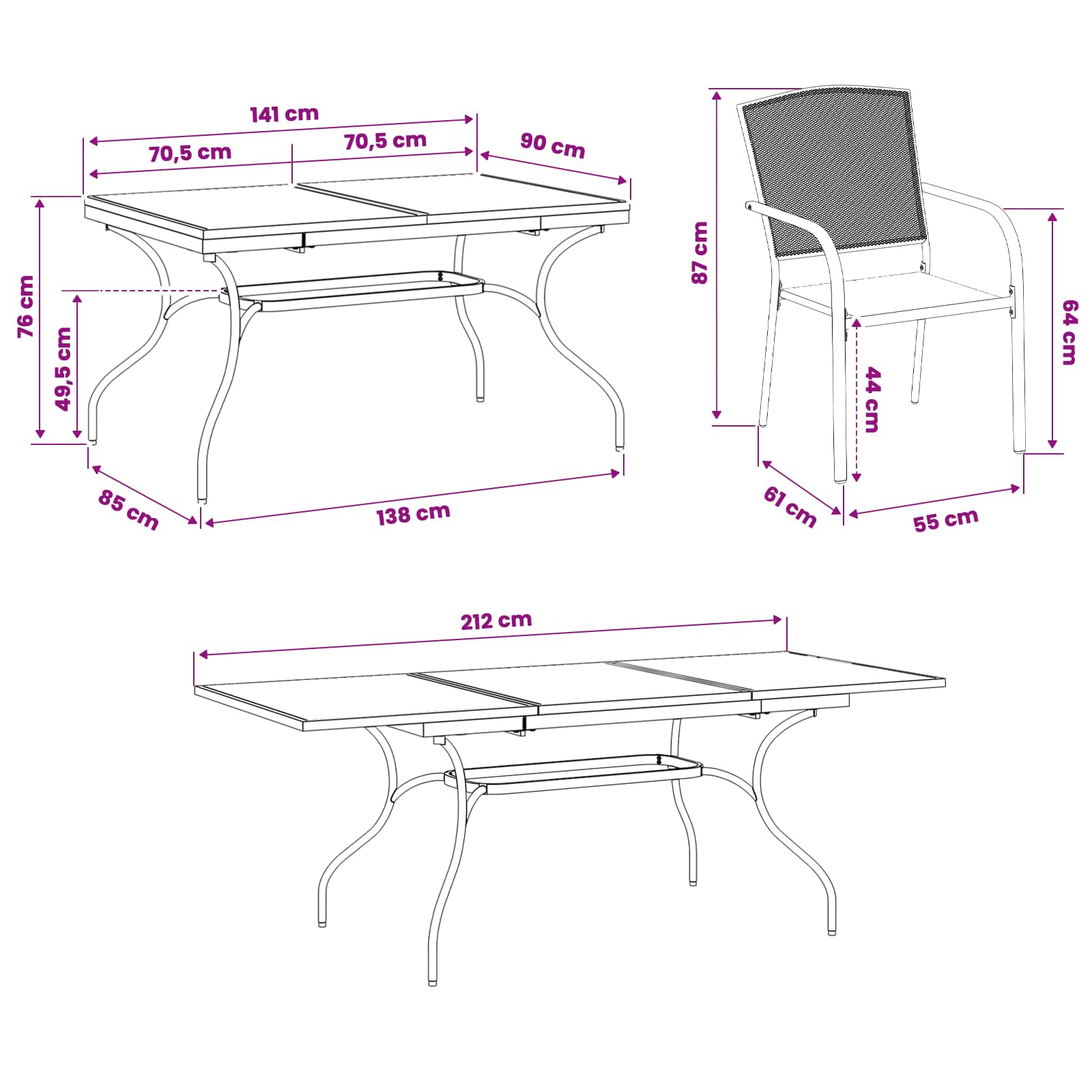 Vrtni set za objed 7 pcs Antracit 212 x 90 x 76 cm
