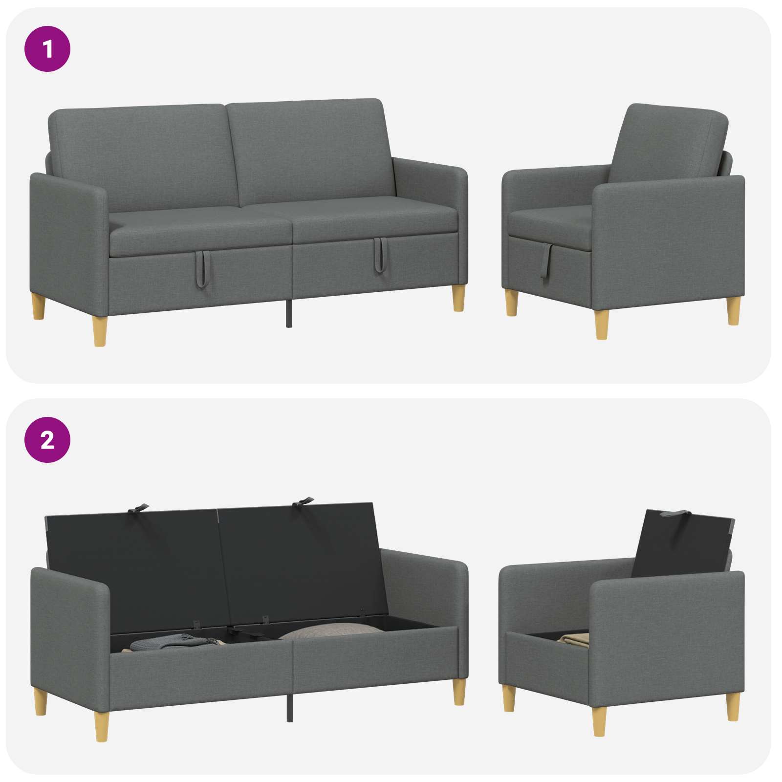 Set sofe s pohranom 2 pcs Tamnosiva Poliester
