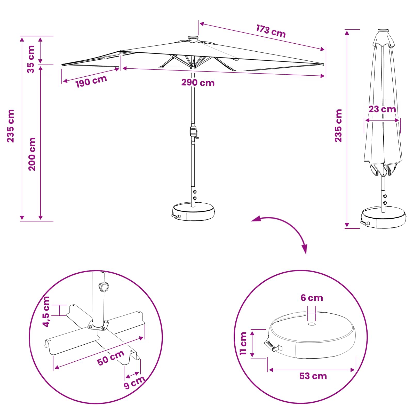 Suncobran za vrt s LED svjetlima i postoljem 200 x 300 cm