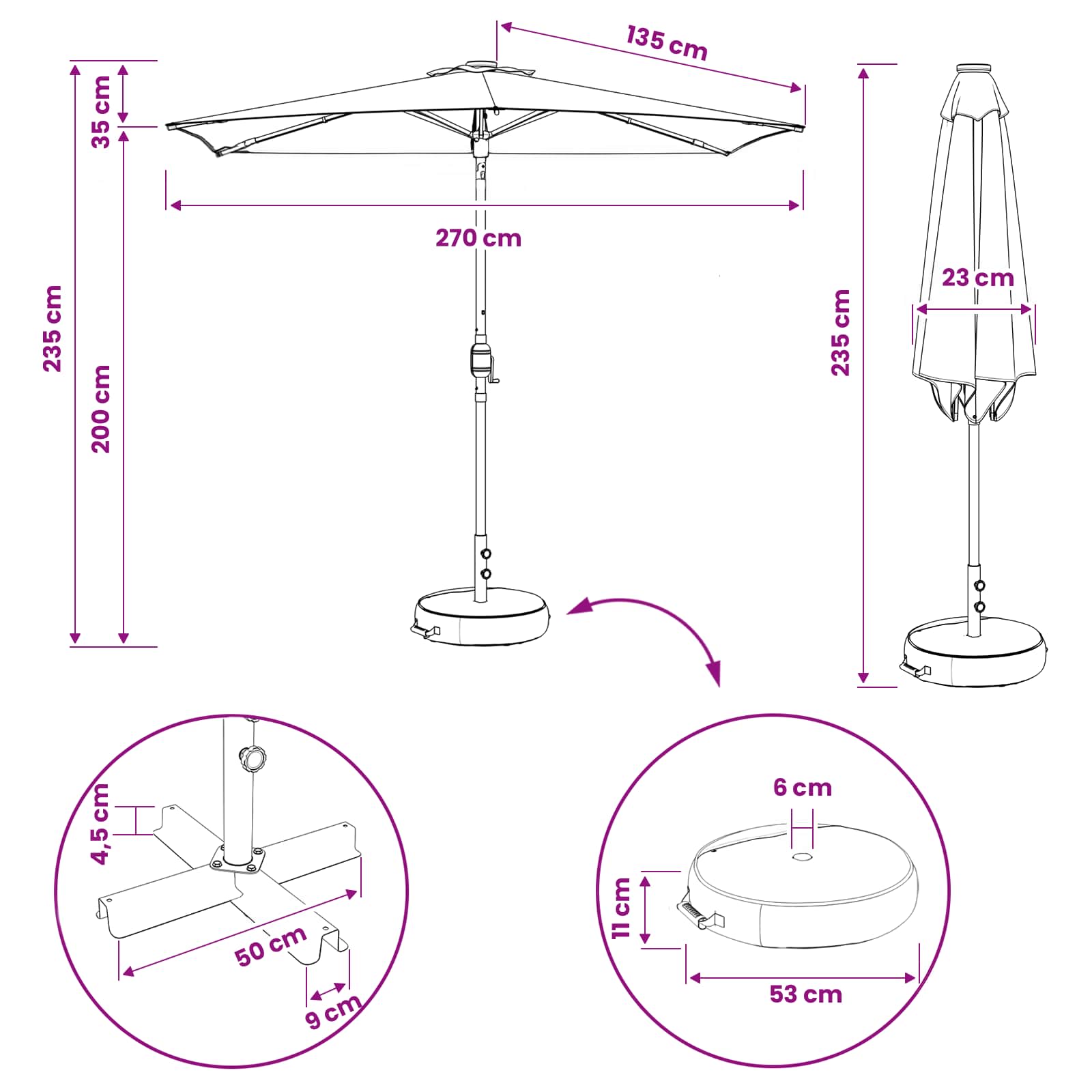 Suncobran za vrt s LED svjetlima i postoljem 270 x 270 cm