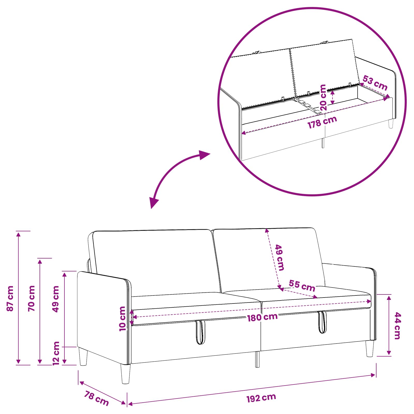 Sofa s pohranom Svijetlo zelena 192 x 78 x 87 cm Poliester