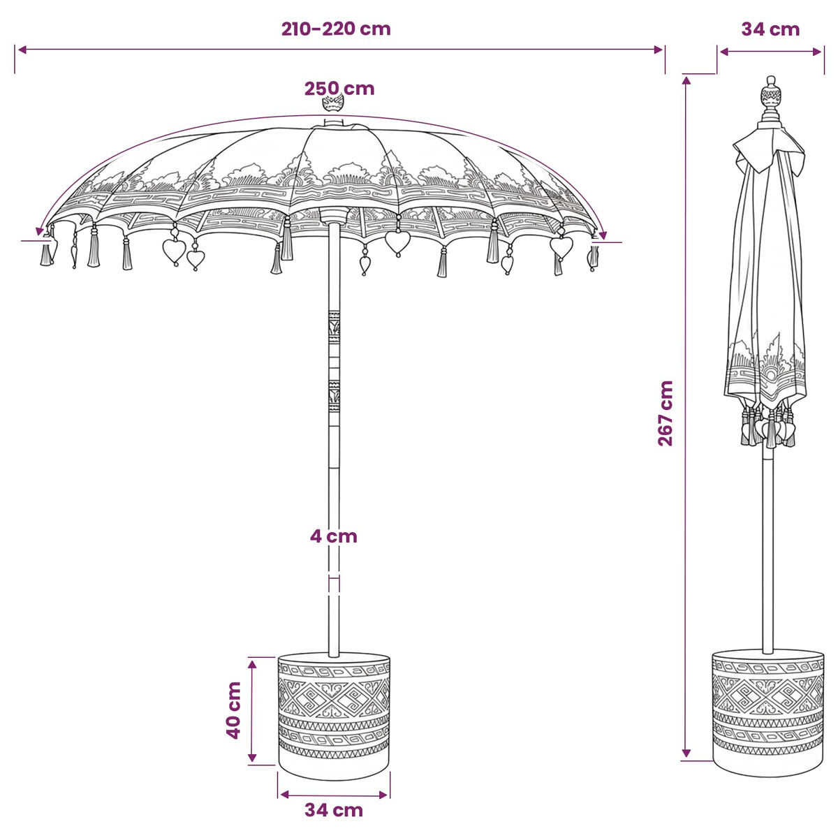 Balinežanski suncobran s bazom Roza i smeđa Ø 210-220 cm