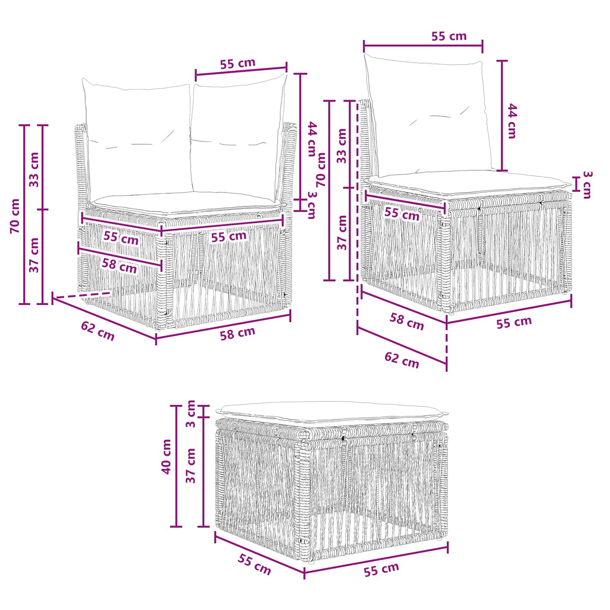 Sjedeća garnitura za vrt 6 kom. Siva poliratan 62 x 62 x 70 cm