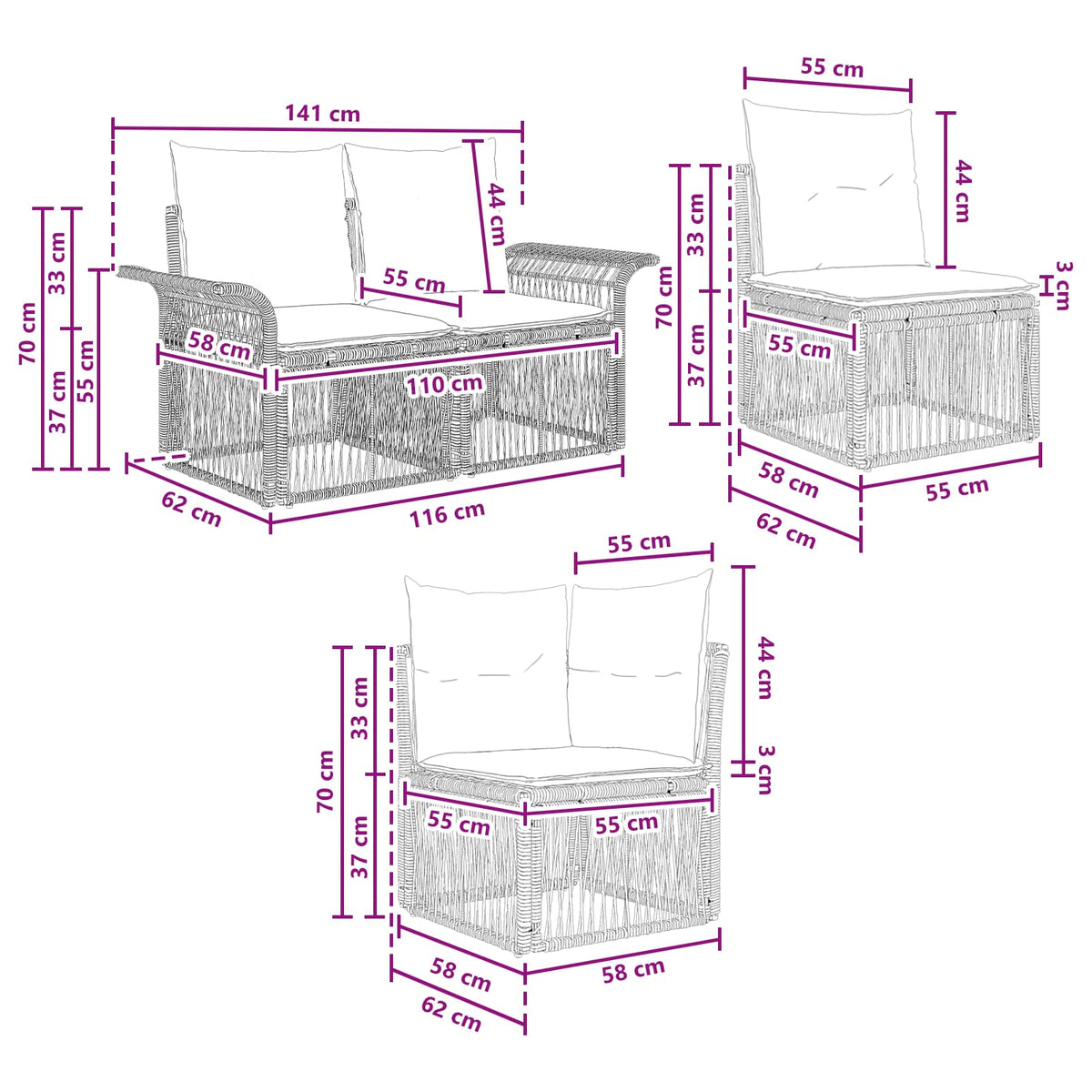 Sjedeća garnitura za vrt 9 kom. Siva poliratan 70.5 x 62 x 70 cm
