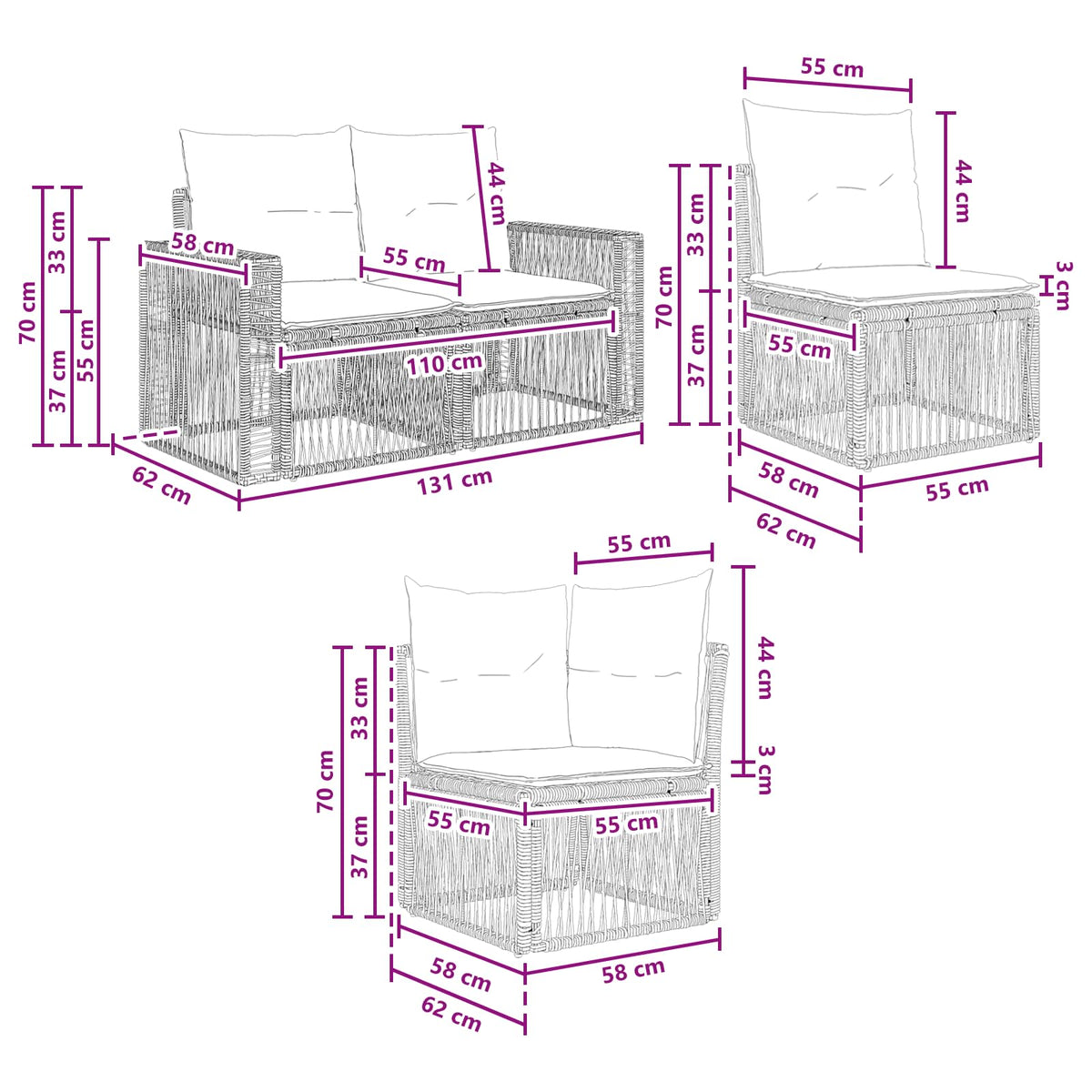 Sjedeća garnitura za vrt 9 kom. Siva i tamno siva poliratan 65,5 x 62 x 70 cm