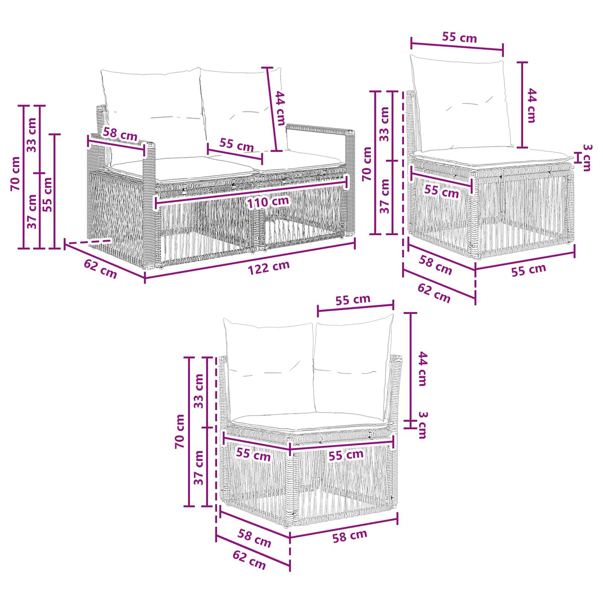 Sjedeća garnitura za vrt 8 kom. Crna poliratan 61 x 62 x 70 cm