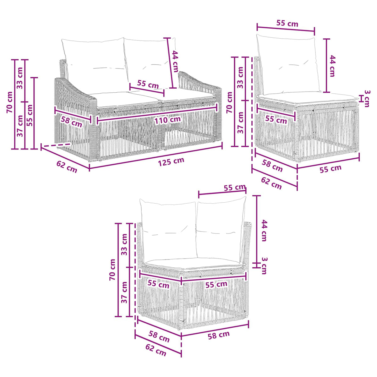 Sjedeća garnitura za vrt 7 kom. Siva poliratan 62 x 62 x 70 cm