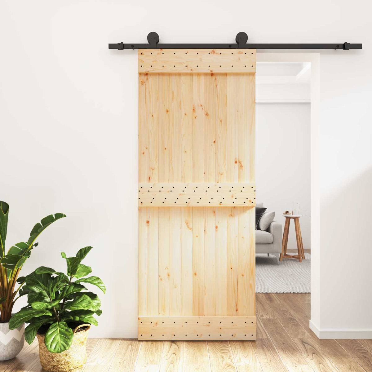 Klizna vrata Prirodna i crna 85 x 210 cm Čvrsta borovina Smeđa 183 x 5.5 x 210 cm