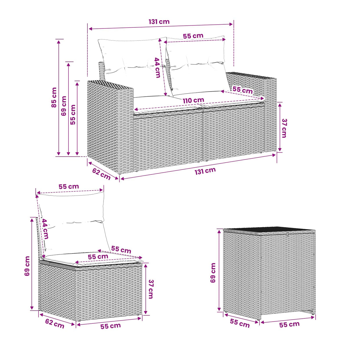 Set sofe 7 kom. Crna i Plava 55 x 55 x 69 cm 237,5 x 237,5 x 85 cm