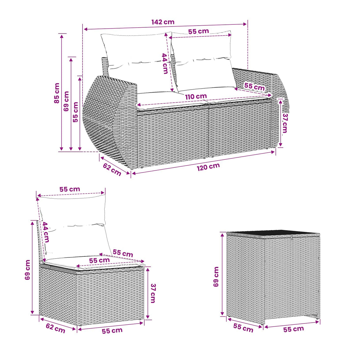 Set sofe 7 kom. Crna i krem-bijela 243 x 243 x 85 cm