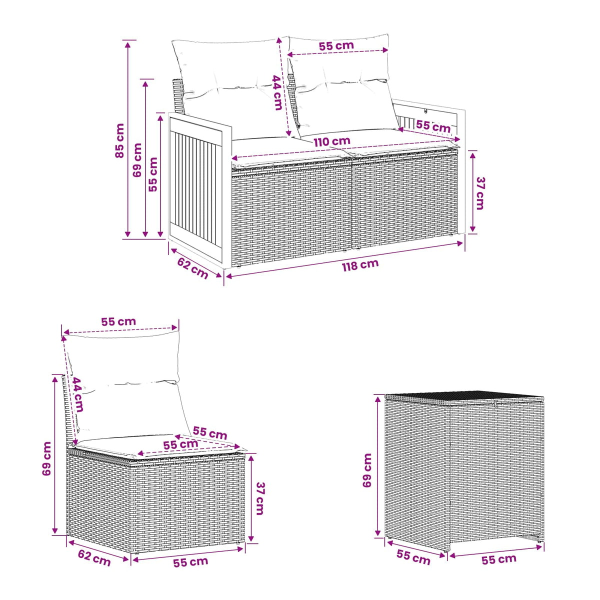 Set sofe 7 kom. Crna 118 x 62 x 69 cm Poli Rattan i čelik