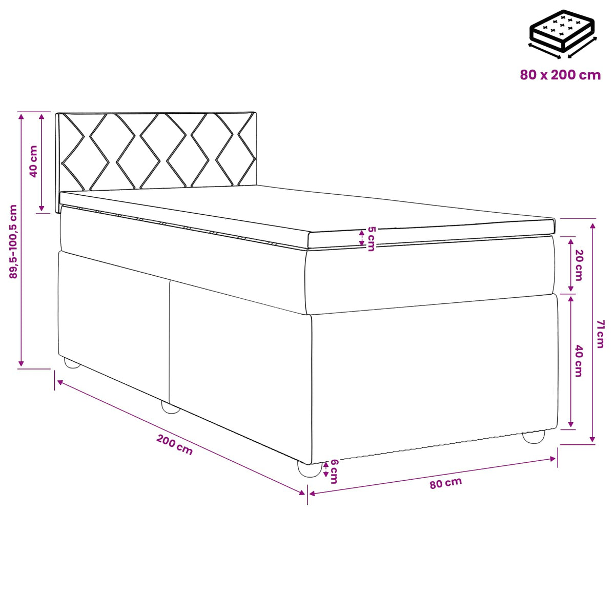 Boxspring krevet s madracem Tamnosiva 80 x 200 cm Tkanina 200 x 80 x 100.5 cm