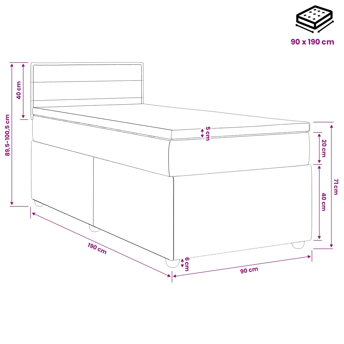 Boxspring krevet s madracem Tamno smeđa 90 x 190 cm Tkanina 190 x 90 x 100.5 cm