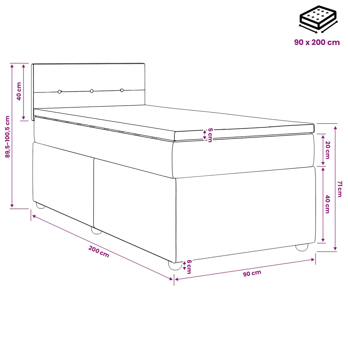 Boxspring krevet s madracem Tamno smeđa 90 x 200 cm Tkanina 200 x 90 x 100.5 cm