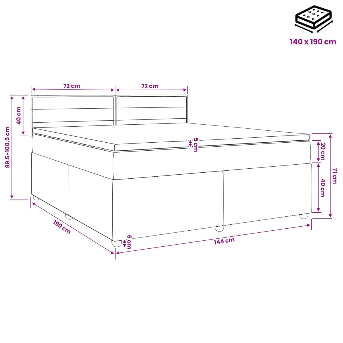 Boxspring krevet s madracem Tamnosiva 140 x 190 cm Tkanina 190 x 144 x 100.5 cm