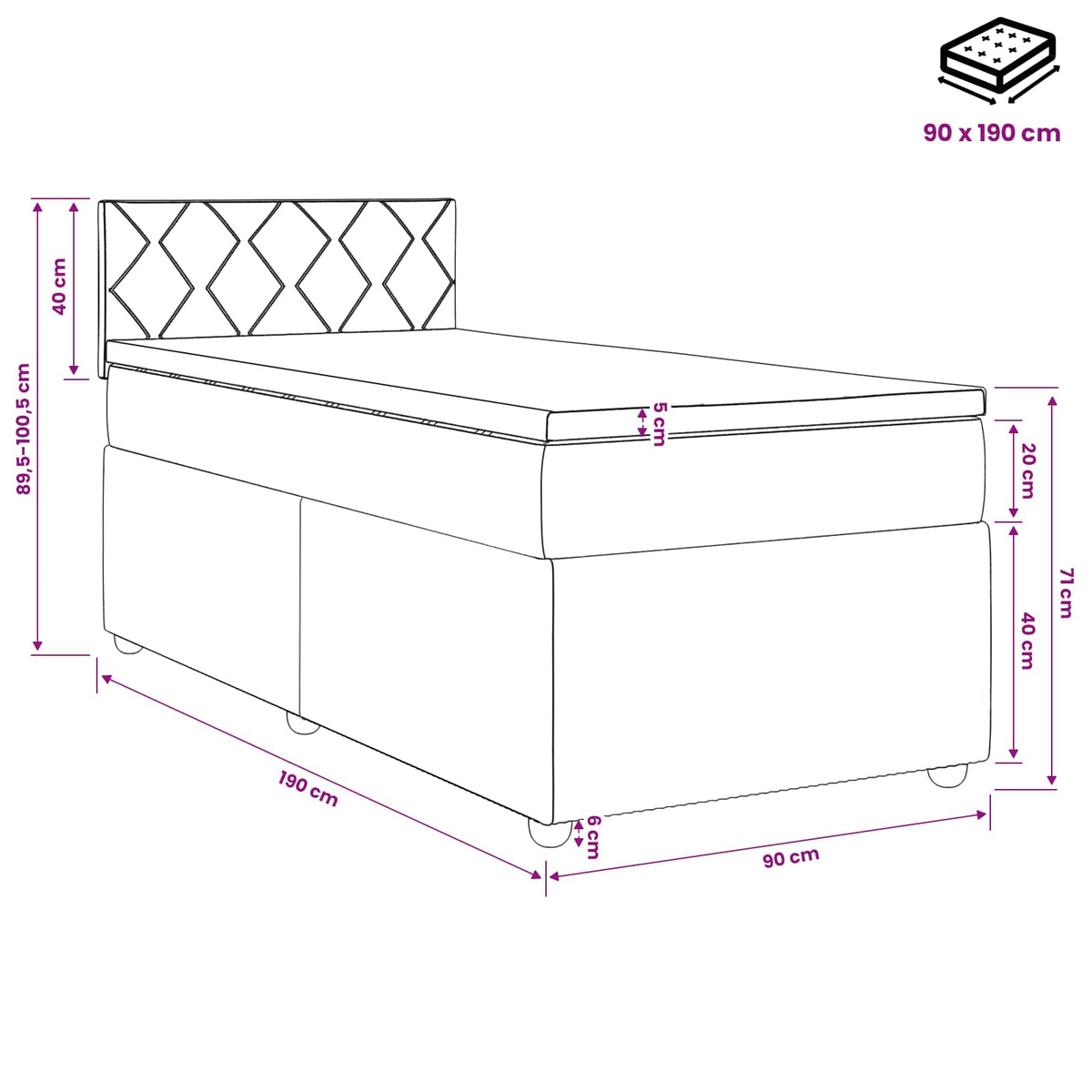 Boxspring krevet s madracem Tamnosiva 90 x 190 cm Baršun Plava