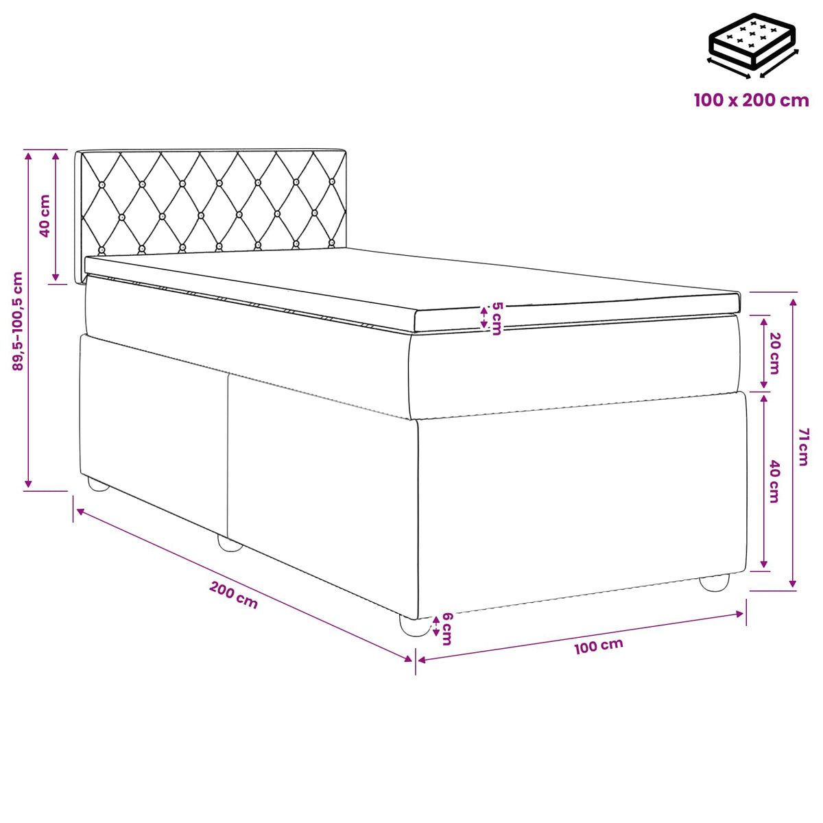Boxspring krevet s madracem Tamnosiva 100 x 200 cm Baršun Plava