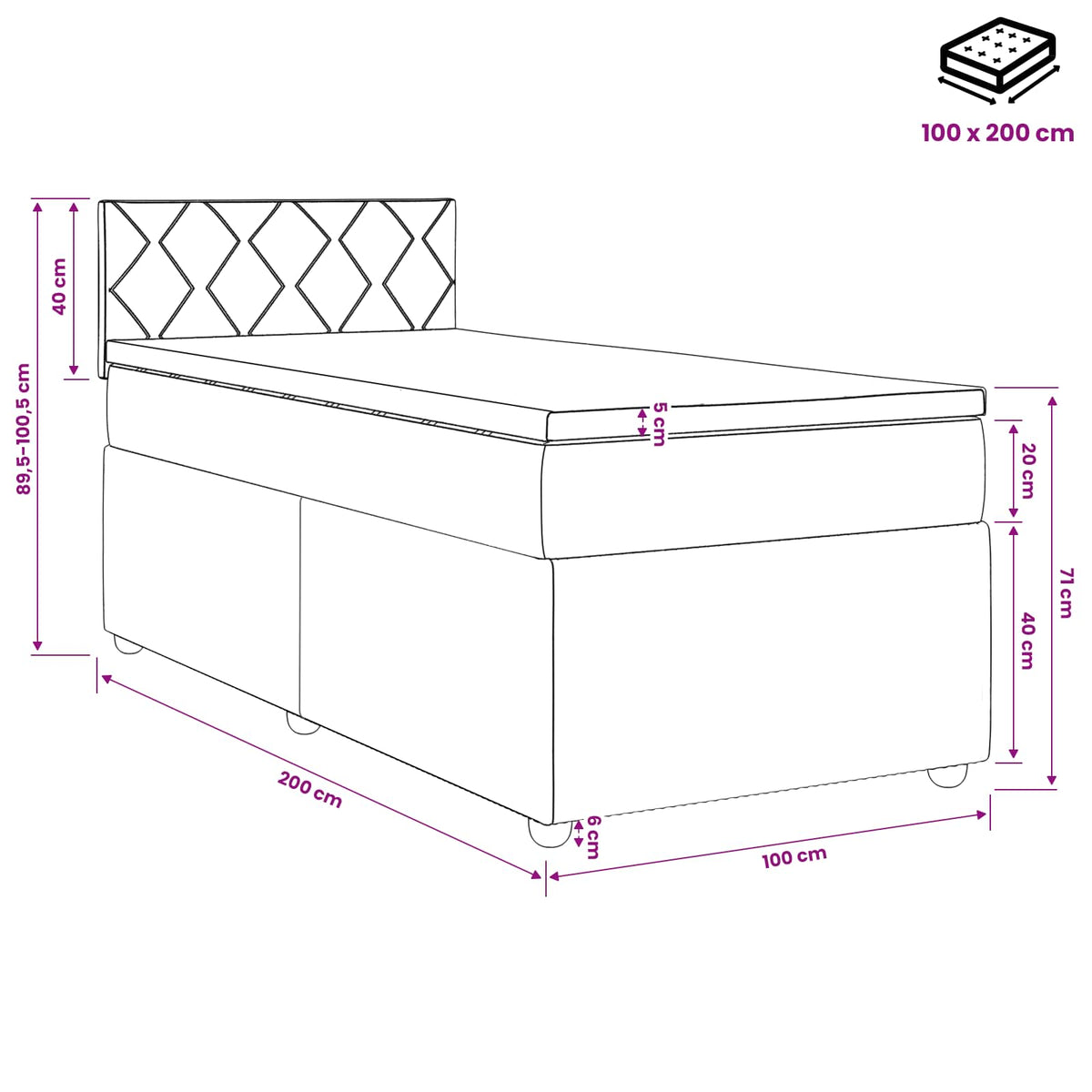 Boxspring krevet s madracem Tamnosiva 100 x 200 cm Baršun Plava 200 x 100 x 88 cm